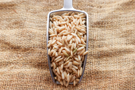 Raw brown rice in a spoon and bowl. top view food backgroundの写真素材
