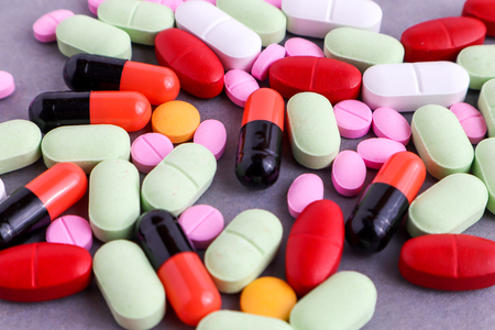 Medical equipments including drug medicines background, top view flat layの写真素材