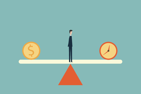 Businessman confused in choosing between time or money. Symbol of business success, challenge, risk, courage.Minimalist flat designのイラスト素材