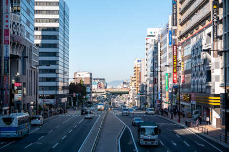 Osaka, Japan - november 09, 2019: Highrise cityscape crowded skyscrapers offices apartments Osaka Japanのeditorial素材