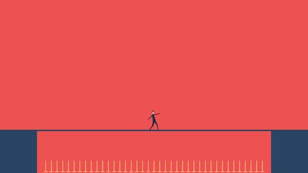 Business risk. Businessman walking on tightrope gap dangerous spikes. Way to success. Obstacle on road. Vector flat design.vector business finance Successful conceptのイラスト素材