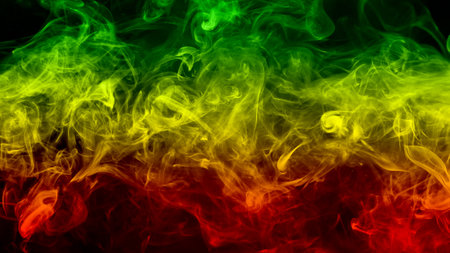 abstract background smoke curves and wave reggae colors green, yellow, red colored in flag of reggae musicの写真素材