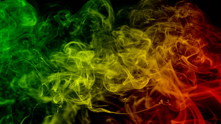 abstract background smoke curves and wave reggae colors green, yellow, red colored in flag of reggae musicの写真素材