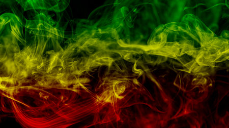 abstract background smoke curves and wave reggae colors green, yellow, red colored in flag of reggae musicの写真素材
