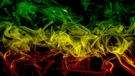abstract background smoke curves and wave reggae colors green, yellow, red colored in flag of reggae musicの写真素材