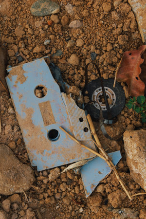 Old cassette tapes left on the groundの写真素材