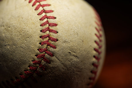 old baseball leather close up, baseball sports gameの写真素材