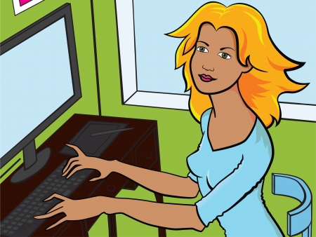 illustration of girl working on a computerのイラスト素材