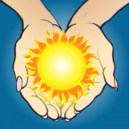 Vector illustration of hands holding shining sun and giving it のイラスト素材