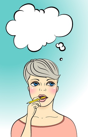 Thinking woman holding pen, vertical layoutのイラスト素材