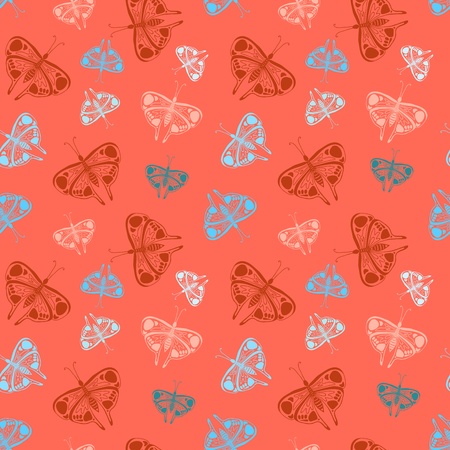 Seamless pattern with colorful butterflies of random size on red. Texture for web, print, wallpaper, decal, fall summer fashion fabric, textile design, background for children room decor, holiday wrapのイラスト素材