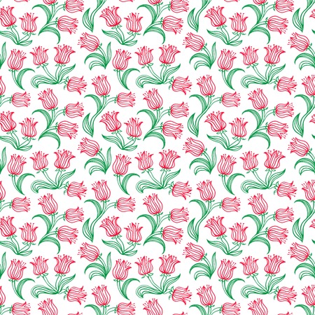 Ditsy floral pattern with small red tulips on white . Seamless vector texture for web, print, spring summer fashion, textile design, fabric, home decor, flower shop website, wallpaperのイラスト素材