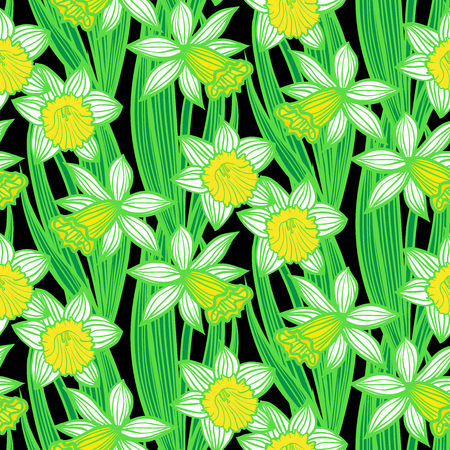 Hand drawn vintage floral pattern with daffodils or narcissus. Seamless vector texture for print, wallpaper, spring summer fashion, wedding invitation card , fabric, textile, gift paperのイラスト素材