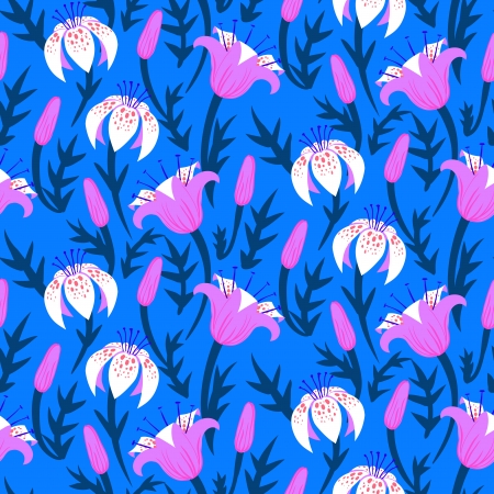 Vector seamless floral pattern with tulips and lilies on indigo blue. のイラスト素材