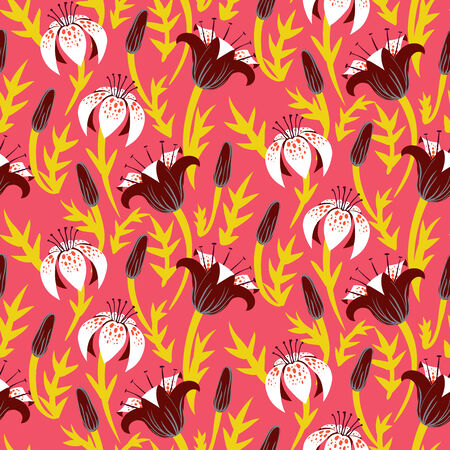 Vector seamless floral pattern with tulips and lilies on coral red.  のイラスト素材