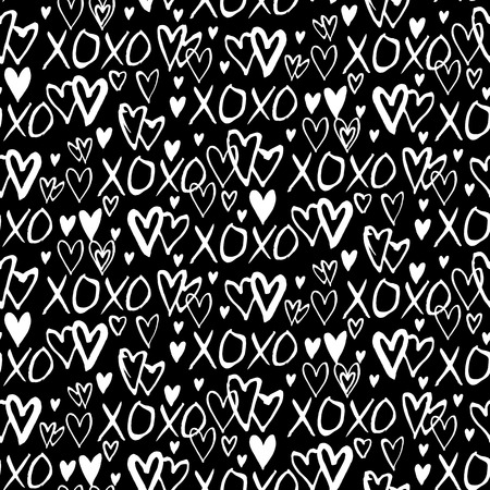 Grunge vector seamless pattern with hand painted hearts and words xoxo. Ditsy print for valentines day wrapping paper decor or wedding invitation card background in black and white colorsのイラスト素材