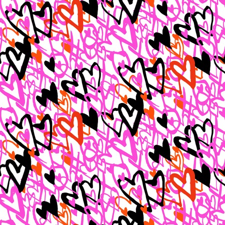 Grunge vector seamless pattern with hand painted hearts and words xoxo. Bright bold print for valentines day wrapping paper or wedding invitation card background in red, pink, black and white colorsのイラスト素材