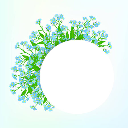 Vector card with small blue flowers on shining sky blue background. Template for garden store coupon, flower shop gift card, soap package, spring sale ad, baby shower or wedding invitationのイラスト素材