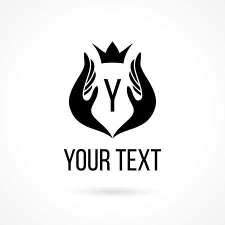 Vector logo with hands, crown, two palms together, wings. Design template and concept of royalty, safety, protection, care in classic, vintage and retro elegant styleのイラスト素材