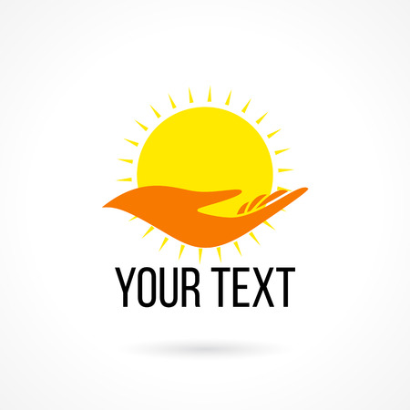 Vector logo with hand holding sun. Concept of love, care, safety, insurance, development, education, childhood, happiness, better future, chance, improvementのイラスト素材
