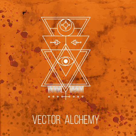 Vector geometric alchemy symbol with eye, sun, moon, shapes and abstract occult and mystic signs. Linear logo and spiritual design. Concept of imagination, magic, creativity, religion, masonryのイラスト素材