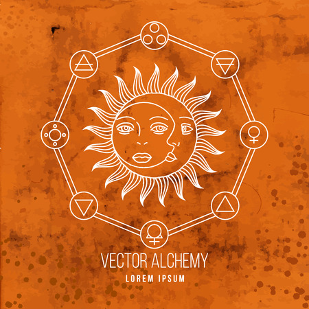 Vector geometric alchemy symbol with sun, moon, shapes and abstract occult and mystic signs. Linear logo and spiritual design. Concept of imagination, magic, creativity, astrology, man, woman, familyのイラスト素材