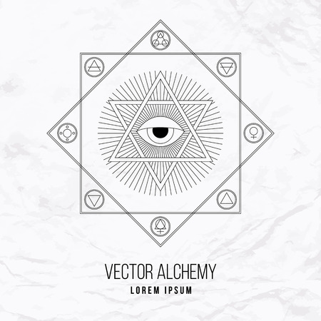 Vector geometric alchemy symbol with eye, sun, shapes and abstract occult and mystic signs. Linear logo and spiritual design Concept of masonry, magic, creativity, religion, astrology, horoscopeのイラスト素材