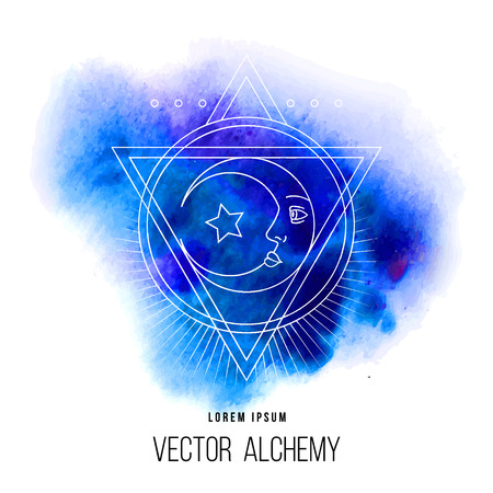 Vector geometric alchemy symbol with eye, sun, moon, shapes and abstract occult and mystic signs. Linear logo and spiritual design. Concept of imagination, magic, creativity, astrology, femininityのイラスト素材