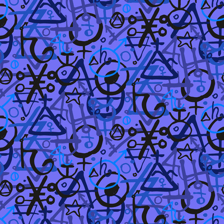 Vector geometric pattern with alchemy symbols and shapes in large size. Hand drawn abstract occult and mystic signs. Tarot cards back design in violet color. Magic print and astrology backgroundのイラスト素材