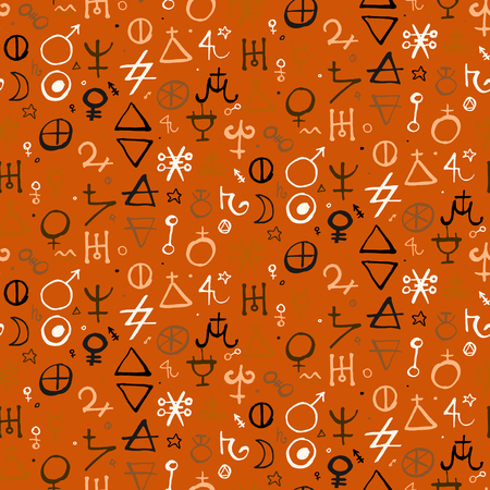 Vector geometric pattern with alchemy symbols and shapes in medium size Abstract occult, mystic signs on parchment. のイラスト素材