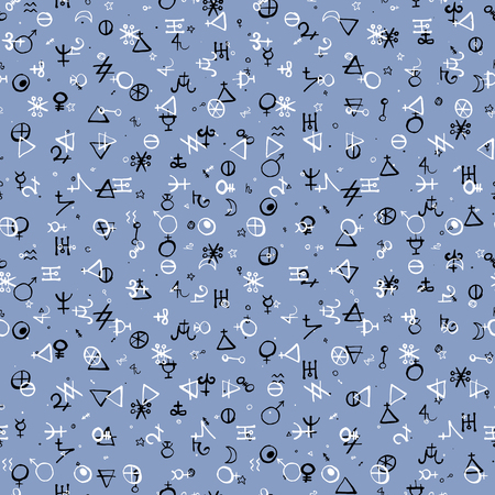 Vector geometric pattern with alchemy symbols, shapes and planets logos in small size.のイラスト素材