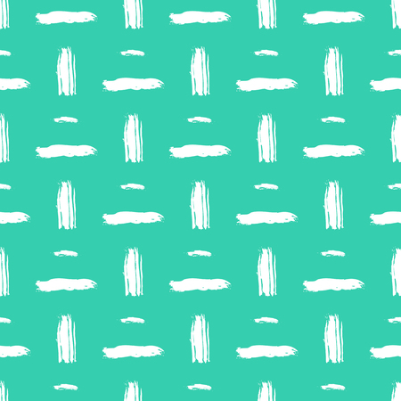 Seamless bold cross hatch pattern with wide brushstrokes and thin curling stripes, hand painted in bright multiple variety of colors for fall winter retro fashion. Vector print in aqua green and whiteのイラスト素材