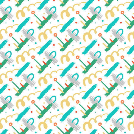 Seamless bold cross hatch pattern with wide brushstrokes and thin curling stripes hand painted in bright multiple variety of colors for fall winter retro fashion. Vector texture in aqua blue and greyのイラスト素材