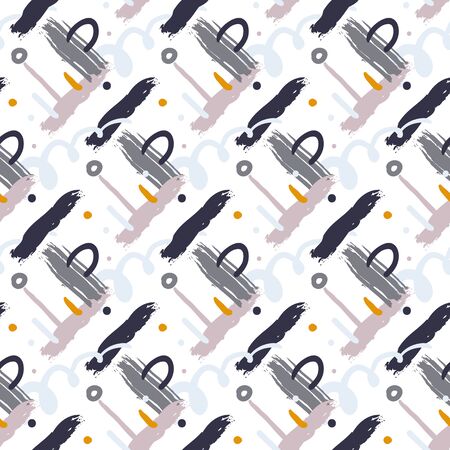 Hand drawn vector seamless cross hatched pattern with bold diagonal brushstrokes, zigzag lines, colorful stripes, small circles and random doodles in grey white colors. Modern print for textile designのイラスト素材