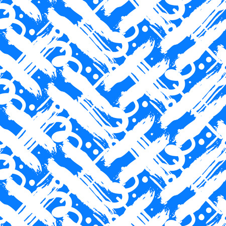 Striped hand painted vector seamless pattern with ethnic and tribal motifs, zigzag lines, brushstrokes and splatters of paint, circles and curls in blue and white colors for summer fall fashionのイラスト素材
