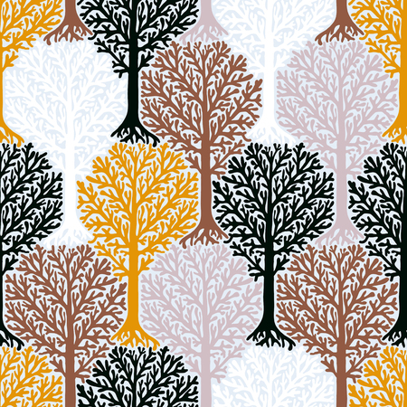 pattern with tree silhouette and leafs in organic colors for fall winter fashion or Christmas wrapping paper. Fun, elegant, natural print with woods. Retro style wallpaper, seamless backgroundのイラスト素材