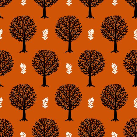 seamless pattern with trees silhouettes and leafs in black and brown colors for fall winter fashion or Christmas wrapping paper. Chic, elegant, natural print with woods. Retro style wallpaper.のイラスト素材
