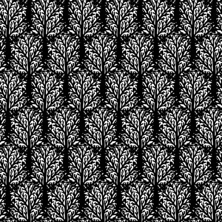 seamless pattern with trees silhouettes and branches in black and white colors for fall winter fashion or organic packaging paper. Chic, elegant, natural print with woods. Retro style wallpaperのイラスト素材