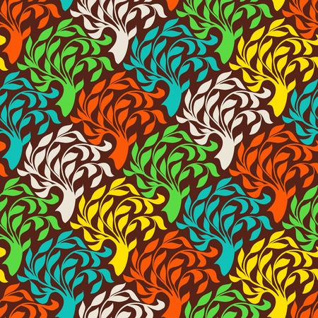 seamless pattern with trees silhouettes and leafs in variety of colors for fall winter fashion or Christmas wrapping paper. Chic, elegant, natural print with woods. Retro style floral wallpaperのイラスト素材