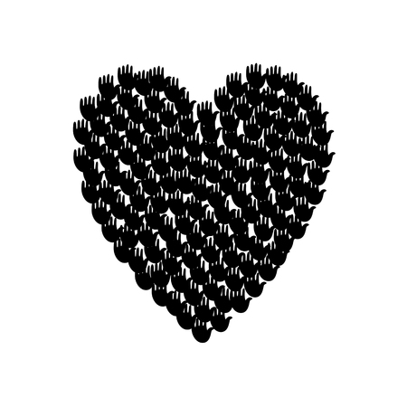 Vector illustration of a heart shape filled with black hand prints. Multiple open palms make a concept of vote, election, human rights, union, charity, donation, cooperation, global community, helpのイラスト素材