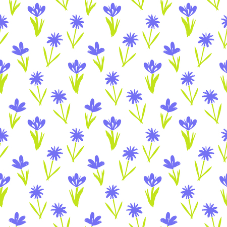 Ditsy spring floral pattern with small hand drawn violet flowers on white background. Seamless vector vintage texture. Colorful artistic grunge print for spring summer fashion or wedding invitationのイラスト素材