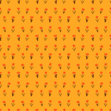 Ditsy spring floral pattern with small hand drawn red flowers on orange background. Seamless vector vintage texture. Colorful artistic grunge print for spring summer fashion or wedding invitationのイラスト素材