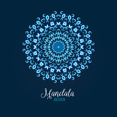 Vector illustration of glowing blue mandala. Floral abstract background. Concept round ornament for yoga studio, meditation, Indian, Arabic or Thai cuisine restaurant, tattoo salon, wedding invitationのイラスト素材