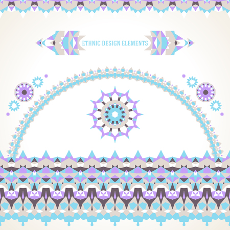 Vector illustration of sun symbol in blue colors stylized in Scandinavian, Nordic, Russian, Slavic motifs. Folk ethnic art elements, abstract flowers, round ornament, borders, lines, pattern brushesのイラスト素材