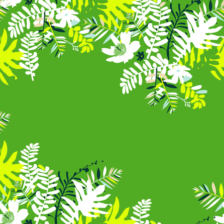 Vector illustration with leafs and foliage inspired by tropical nature and plants like palm tree and ferns in bright green colors. Card template with floral design, exotic flowers, leafs and branchesのイラスト素材
