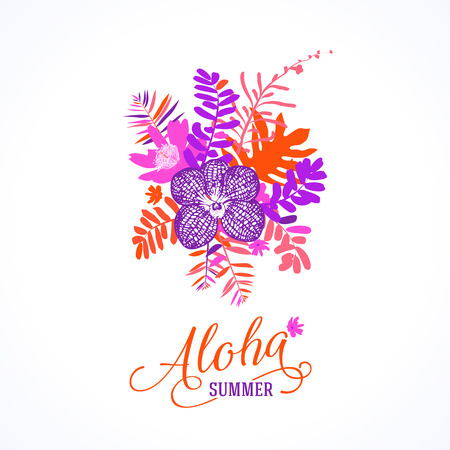 Vector illustration with leafs and foliage inspired by tropical nature and plants like orchids and ferns in bright pink colors. Card template with floral design, exotic flowers, leafs and branchesのイラスト素材