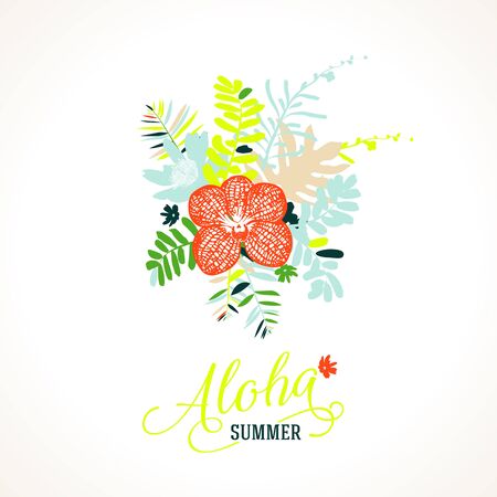 Vector illustration with leafs and foliage inspired by tropical nature and plants like orchids and ferns in multiple bright colors. Card template with floral design, exotic flowers, leafs and branchesのイラスト素材