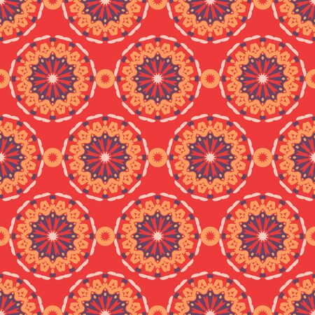 Vector seamless pattern with big abstract flowers in bright red, orange colors. Vintage style background with flourish decor. Bold print with floral circles, dots and stars with ethic, indian motifsのイラスト素材