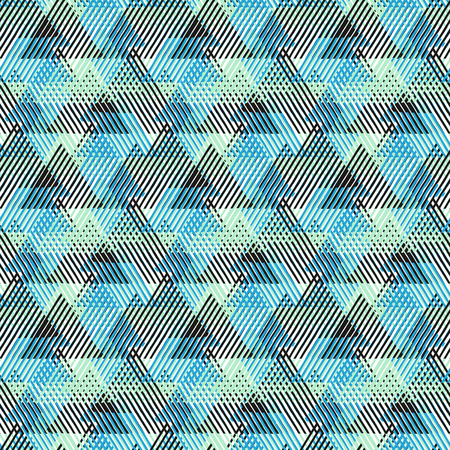 Vector seamless geometric pattern with striped triangles, abstract dynamic shapes in bright colors....