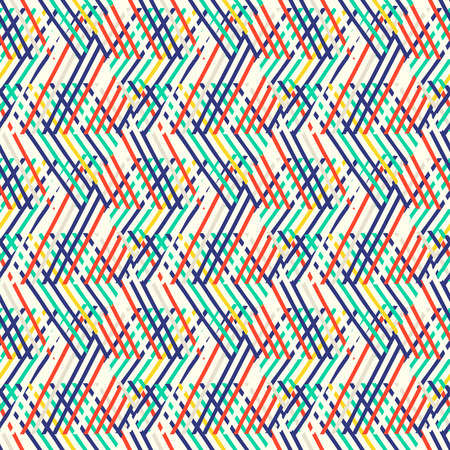 Vector seamless geometric pattern with striped triangles, abstract diagonal shapes in many bright color. Hand drawn background with overlapping lines in 1980s fashion style. Modern funky textile printのイラスト素材